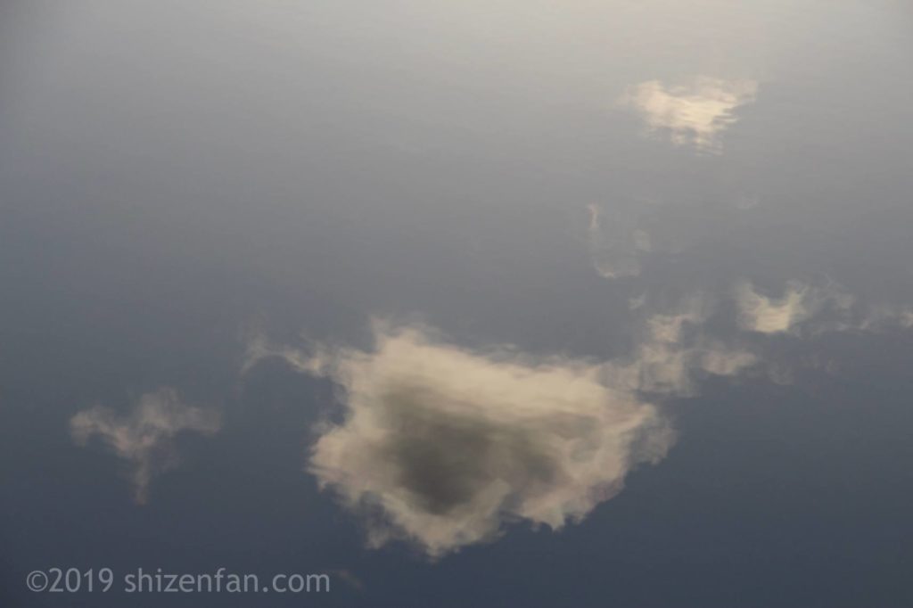 朝のウトナイ湖、湖面に映る雲のクローズアップ