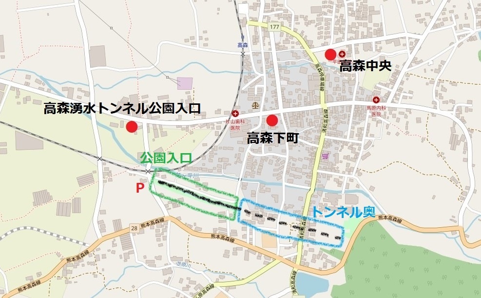 高森湧水トンネル公園の構造図解と周辺のバス停マップ